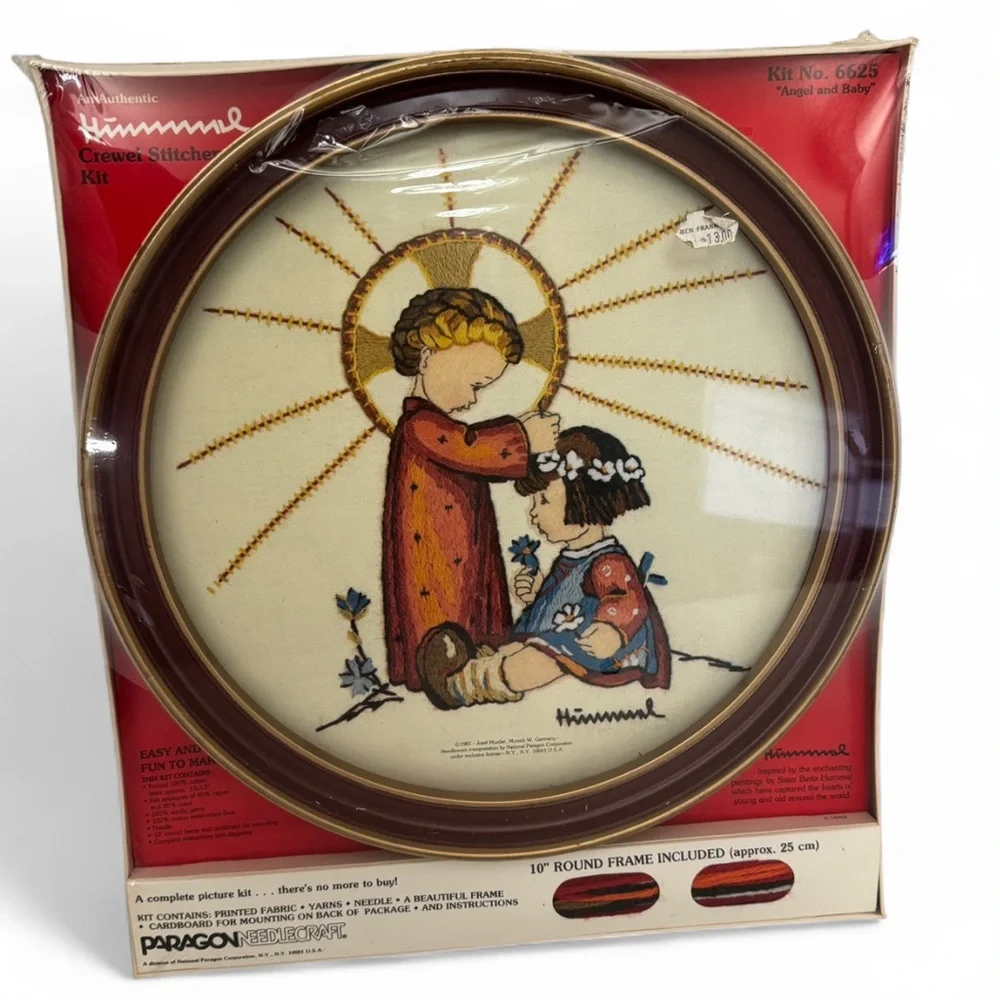 Vintage Hummel Crewel Stitch Kit with Round Frame Angel and Baby Needlepoint